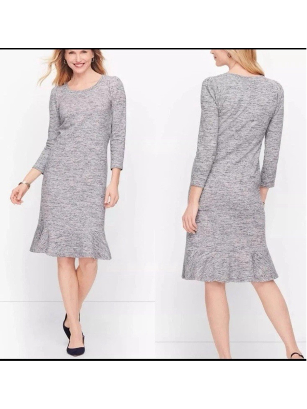 Talbots Women’s Size PM Marl Terry Flounce Hem Knee Length Shift Dress Gray